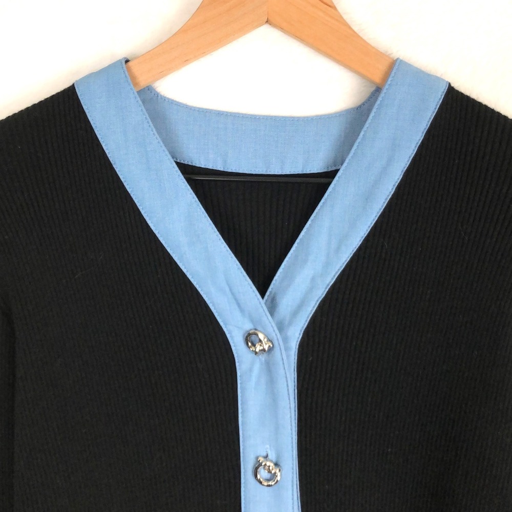COMMENSE Button‎ Front V Neck Ribbed Bell Sleeve Cardigan Sz S Black Blue Silver - Picture 3 of 9